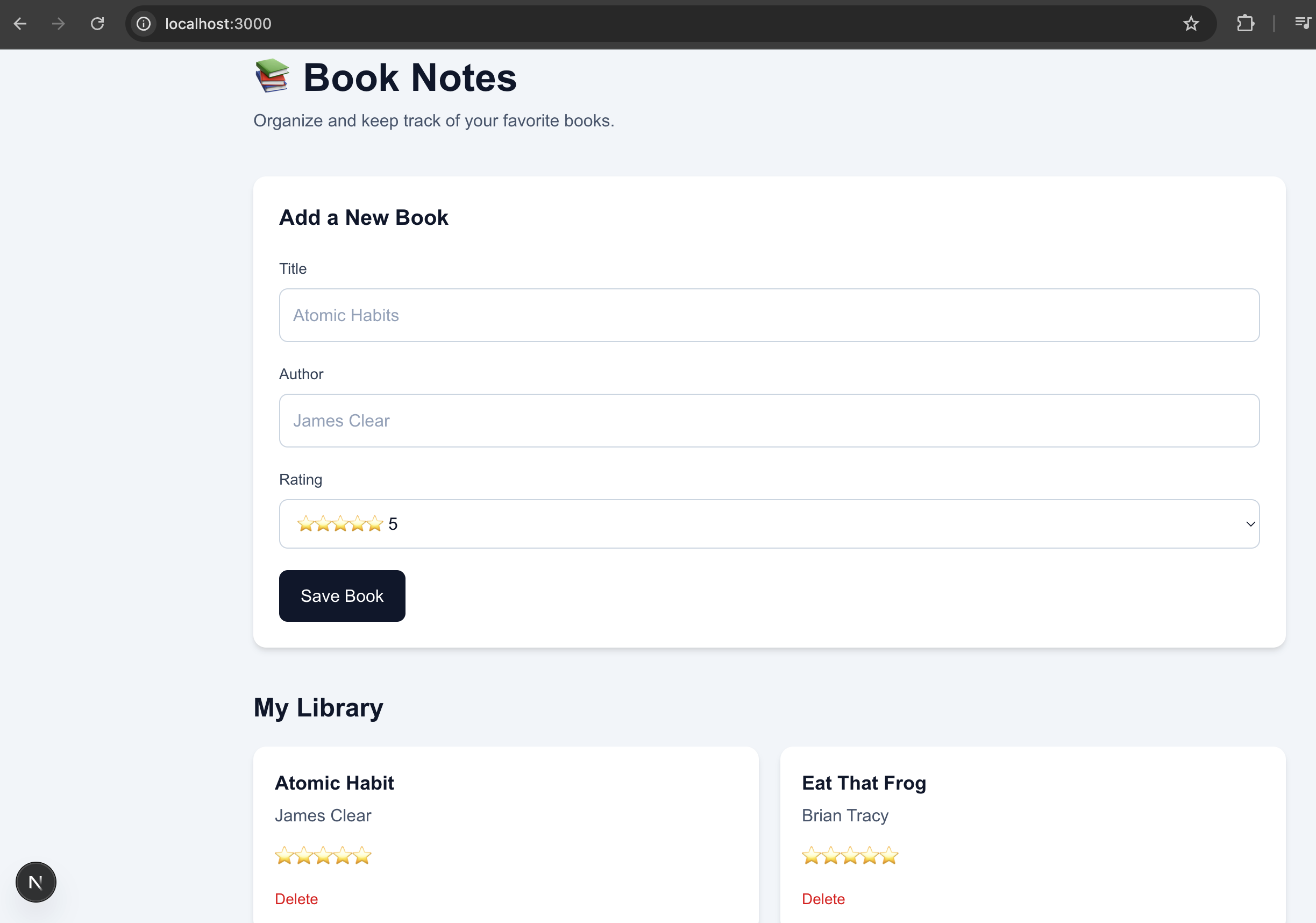 The Book Notes app with three books added