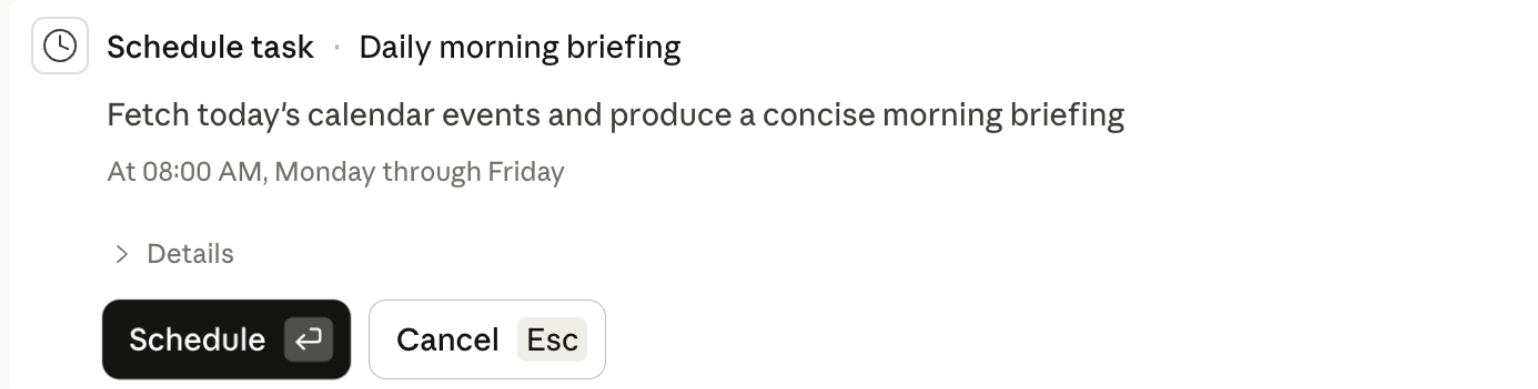 Creating a scheduled task in Claude Cowork