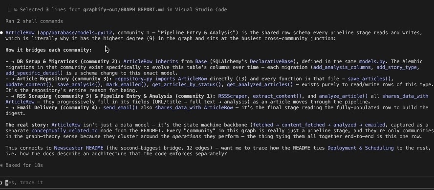 Graphify showing connections between different parts of the Newscaster AI project